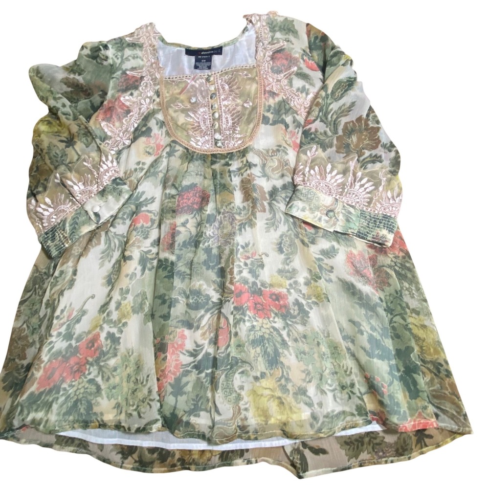 Denim 24/7 Womens Floral Lace Bib Tunic Top Green Pink 16W 30-5429-3Boho Chic
